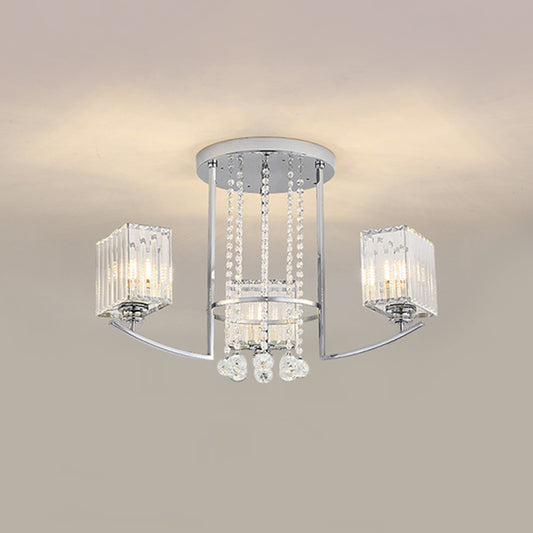 Cuboid Great Room Semi Flush Chandelier Clear Crystal 3 Lights Modern Ceiling Lamp with Strands Deco in Chrome Clearhalo 'Ceiling Lights' 'Close To Ceiling Lights' 'Close to ceiling' 'Semi-flushmount' Lighting' 1723549