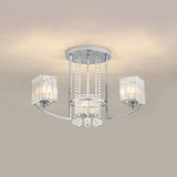 Cuboid Great Room Semi Flush Chandelier Clear Crystal 3 Lights Modern Ceiling Lamp with Strands Deco in Chrome Clearhalo 'Ceiling Lights' 'Close To Ceiling Lights' 'Close to ceiling' 'Semi-flushmount' Lighting' 1723549