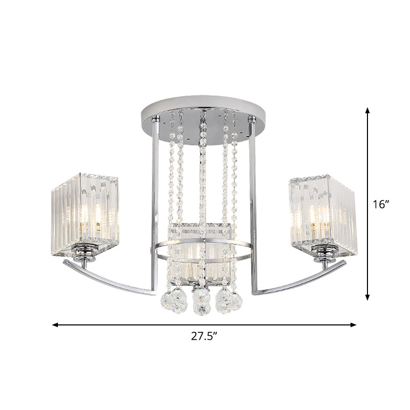 Cuboid Great Room Semi Flush Chandelier Clear Crystal 3 Lights Modern Ceiling Lamp with Strands Deco in Chrome Clearhalo 'Ceiling Lights' 'Close To Ceiling Lights' 'Close to ceiling' 'Semi-flushmount' Lighting' 1723550