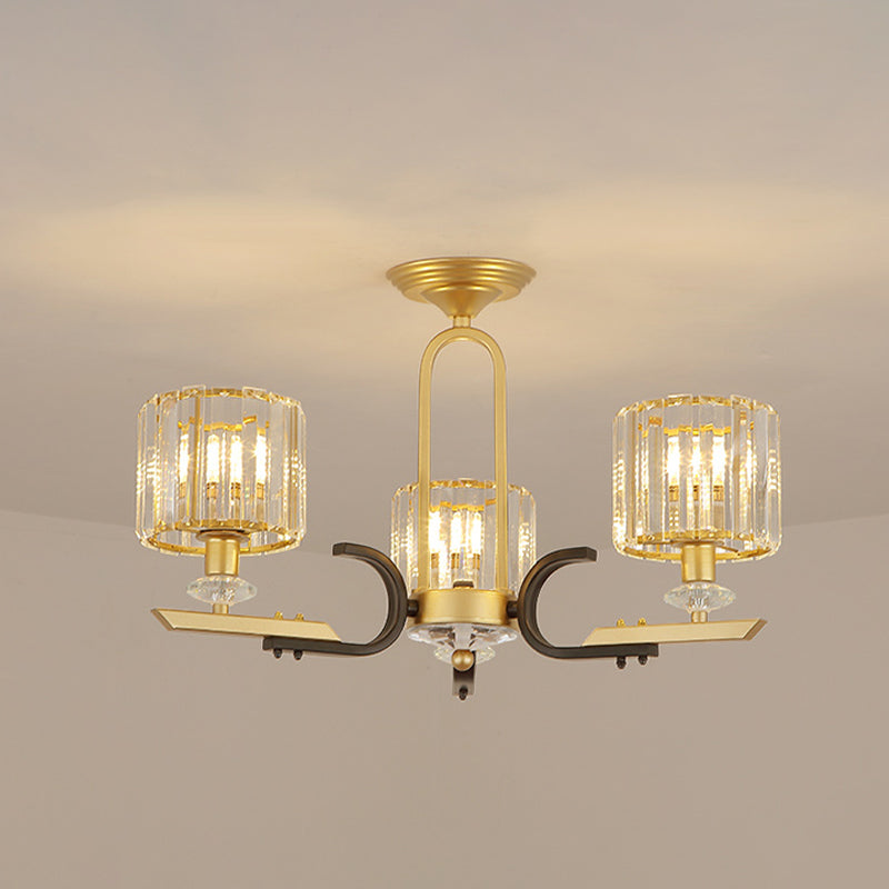 Drum Close to Ceiling Lamp Modernist Prismatic Crystal 3/6 Bulbs Gold Semi Flush Mount Chandelier 3 Gold Clearhalo 'Ceiling Lights' 'Close To Ceiling Lights' 'Close to ceiling' 'Semi-flushmount' Lighting' 1723551