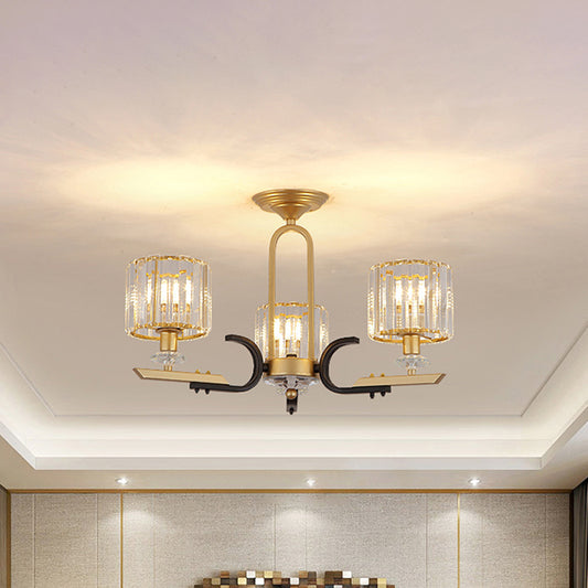 Drum Close to Ceiling Lamp Modernist Prismatic Crystal 3/6 Bulbs Gold Semi Flush Mount Chandelier Clearhalo 'Ceiling Lights' 'Close To Ceiling Lights' 'Close to ceiling' 'Semi-flushmount' Lighting' 1723552