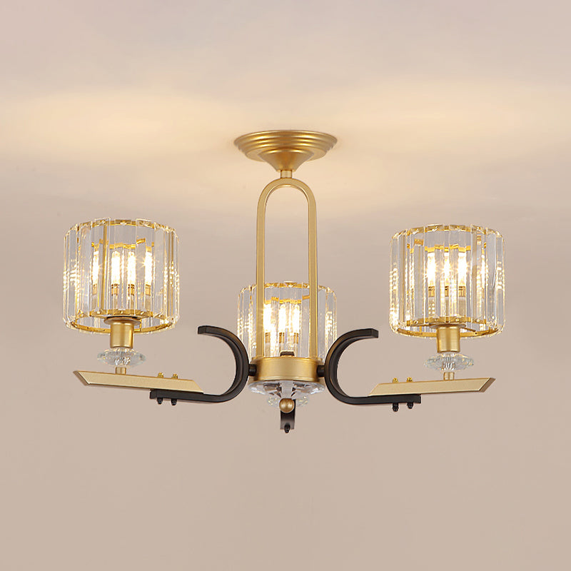 Drum Close to Ceiling Lamp Modernist Prismatic Crystal 3/6 Bulbs Gold Semi Flush Mount Chandelier Clearhalo 'Ceiling Lights' 'Close To Ceiling Lights' 'Close to ceiling' 'Semi-flushmount' Lighting' 1723553