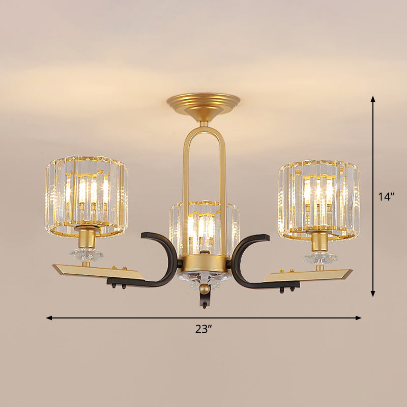 Drum Close to Ceiling Lamp Modernist Prismatic Crystal 3/6 Bulbs Gold Semi Flush Mount Chandelier Clearhalo 'Ceiling Lights' 'Close To Ceiling Lights' 'Close to ceiling' 'Semi-flushmount' Lighting' 1723554