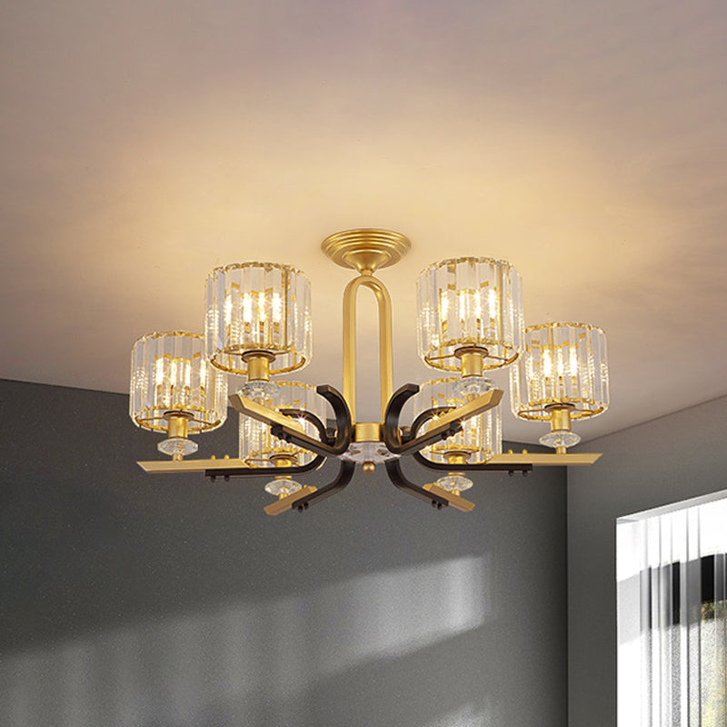 Drum Close to Ceiling Lamp Modernist Prismatic Crystal 3/6 Bulbs Gold Semi Flush Mount Chandelier 6 Gold Clearhalo 'Ceiling Lights' 'Close To Ceiling Lights' 'Close to ceiling' 'Semi-flushmount' Lighting' 1723555