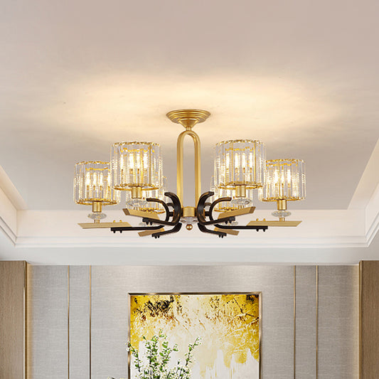 Drum Close to Ceiling Lamp Modernist Prismatic Crystal 3/6 Bulbs Gold Semi Flush Mount Chandelier Clearhalo 'Ceiling Lights' 'Close To Ceiling Lights' 'Close to ceiling' 'Semi-flushmount' Lighting' 1723556