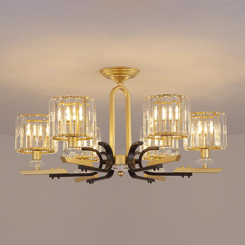 Drum Close to Ceiling Lamp Modernist Prismatic Crystal 3/6 Bulbs Gold Semi Flush Mount Chandelier Clearhalo 'Ceiling Lights' 'Close To Ceiling Lights' 'Close to ceiling' 'Semi-flushmount' Lighting' 1723557