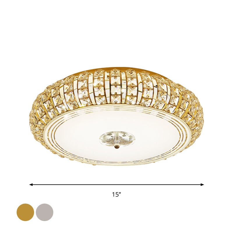 Chrome/Gold LED Circular Flushmount Modernist Faceted Crystal Ceiling Mounted Light, 15"/19" Width Clearhalo 'Ceiling Lights' 'Close To Ceiling Lights' 'Close to ceiling' 'Flush mount' Lighting' 1723648