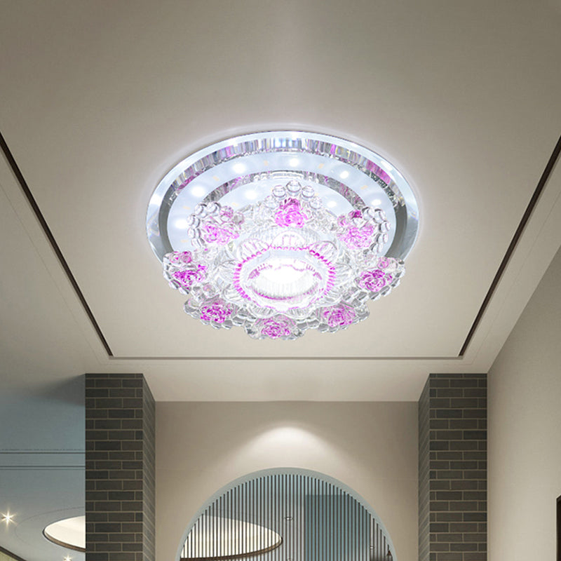 Modernist Floral Ceiling Fixture Beveled Crystal LED Hallway Flush Mount Lighting in Pink/Yellow, Warm/White Light Pink Clearhalo 'Ceiling Lights' 'Close To Ceiling Lights' 'Close to ceiling' 'Flush mount' Lighting' 1723712