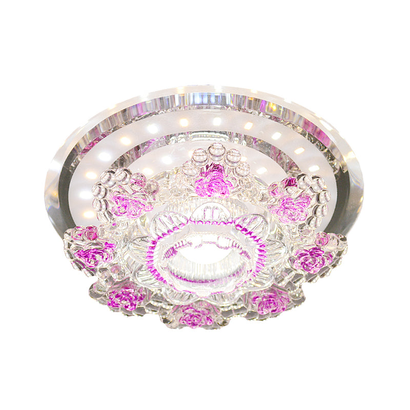 Modernist Floral Ceiling Fixture Beveled Crystal LED Hallway Flush Mount Lighting in Pink/Yellow, Warm/White Light Clearhalo 'Ceiling Lights' 'Close To Ceiling Lights' 'Close to ceiling' 'Flush mount' Lighting' 1723714