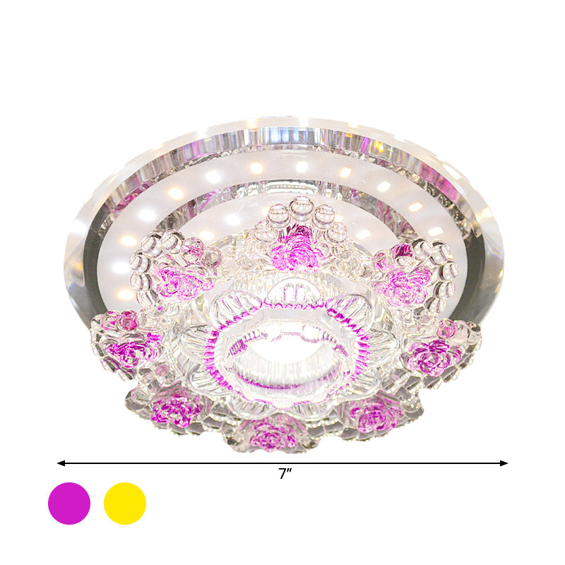 Modernist Floral Ceiling Fixture Beveled Crystal LED Hallway Flush Mount Lighting in Pink/Yellow, Warm/White Light Clearhalo 'Ceiling Lights' 'Close To Ceiling Lights' 'Close to ceiling' 'Flush mount' Lighting' 1723715