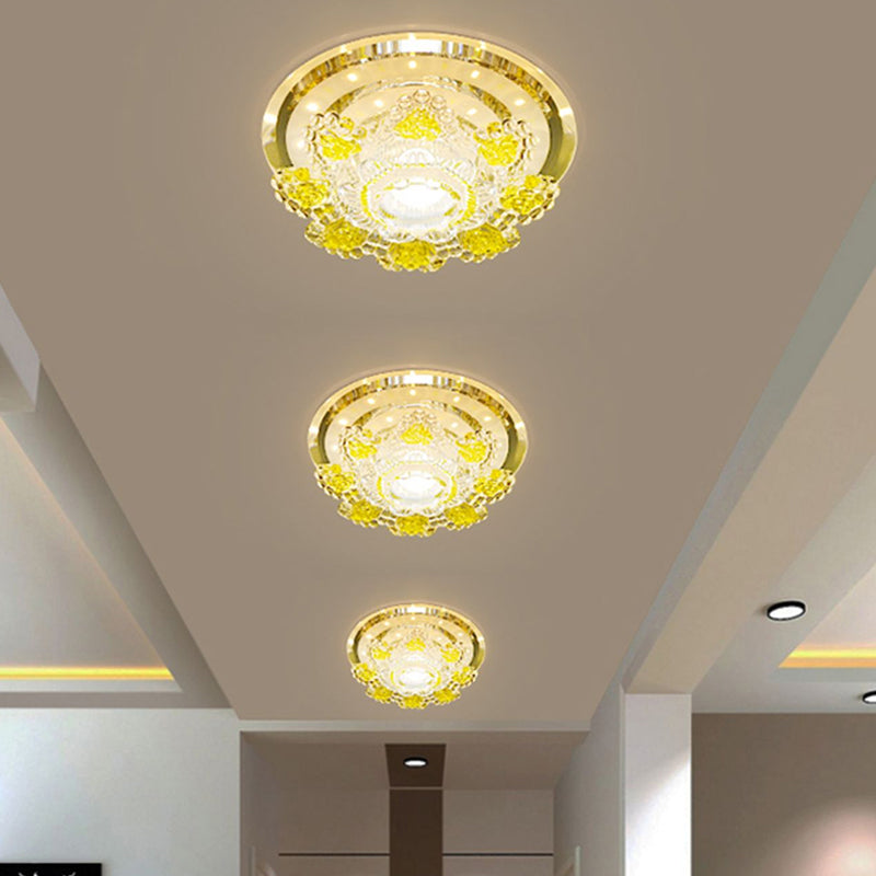 Modernist Floral Ceiling Fixture Beveled Crystal LED Hallway Flush Mount Lighting in Pink/Yellow, Warm/White Light Yellow Clearhalo 'Ceiling Lights' 'Close To Ceiling Lights' 'Close to ceiling' 'Flush mount' Lighting' 1723716