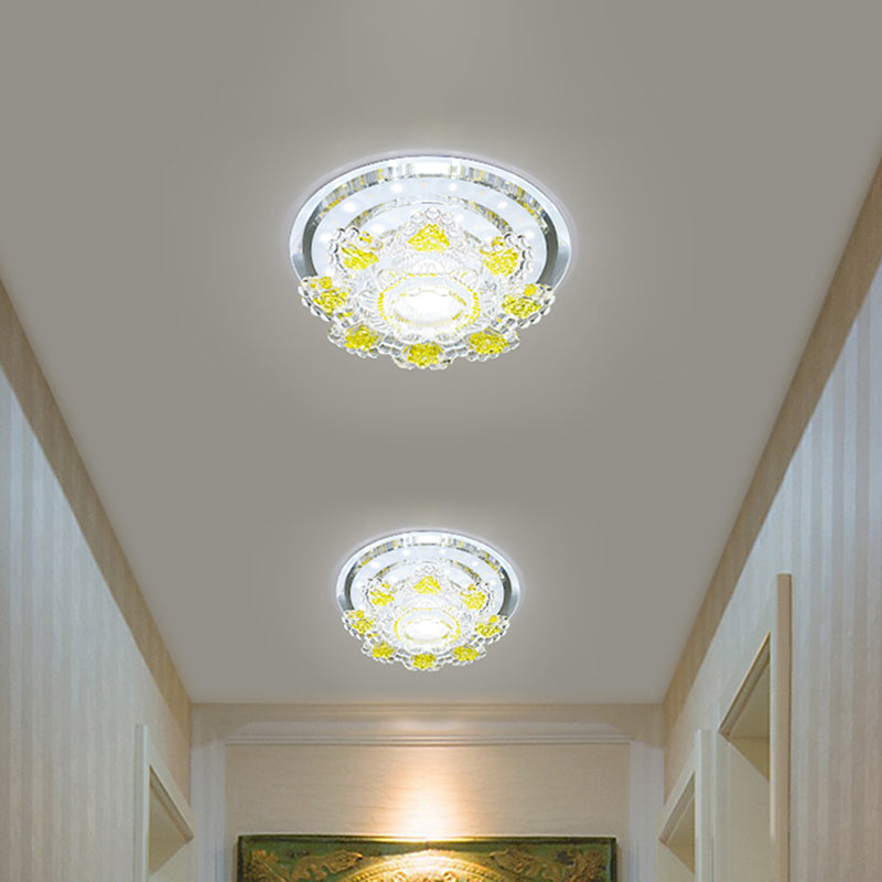 Modernist Floral Ceiling Fixture Beveled Crystal LED Hallway Flush Mount Lighting in Pink/Yellow, Warm/White Light Clearhalo 'Ceiling Lights' 'Close To Ceiling Lights' 'Close to ceiling' 'Flush mount' Lighting' 1723717