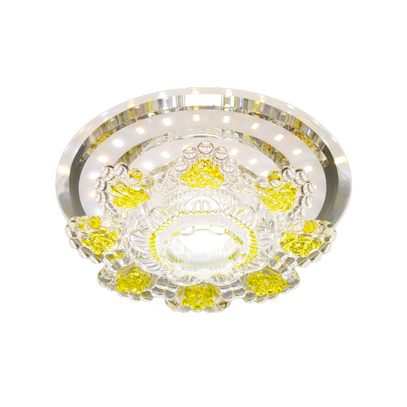 Modernist Floral Ceiling Fixture Beveled Crystal LED Hallway Flush Mount Lighting in Pink/Yellow, Warm/White Light Clearhalo 'Ceiling Lights' 'Close To Ceiling Lights' 'Close to ceiling' 'Flush mount' Lighting' 1723719