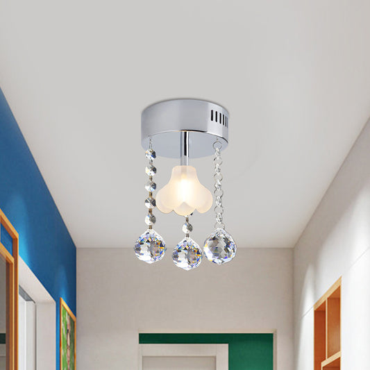 Teardrop Semi Flush Simple Clear Crystal 1 Light Dining Room Ceiling Lamp in Chrome with Flower Frosted Glass Shade Chrome Clearhalo 'Ceiling Lights' 'Close To Ceiling Lights' 'Close to ceiling' 'Semi-flushmount' Lighting' 1723744