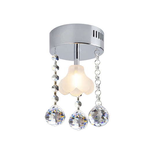 Teardrop Semi Flush Simple Clear Crystal 1 Light Dining Room Ceiling Lamp in Chrome with Flower Frosted Glass Shade Clearhalo 'Ceiling Lights' 'Close To Ceiling Lights' 'Close to ceiling' 'Semi-flushmount' Lighting' 1723746