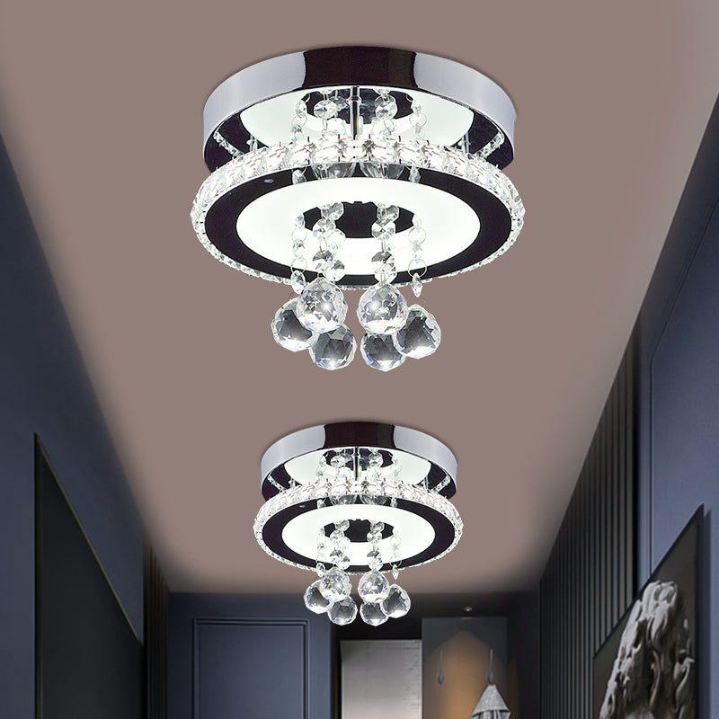 Simplicity Circle Semi Flush Faceted Crystal 8"/12" W LED Corridor Ceiling Fixture in Chrome, Warm/White Light Chrome 8" Clearhalo 'Ceiling Lights' 'Close To Ceiling Lights' 'Close to ceiling' 'Semi-flushmount' Lighting' 1723748