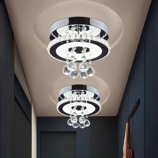 Simplicity Circle Semi Flush Faceted Crystal 8"/12" W LED Corridor Ceiling Fixture in Chrome, Warm/White Light Clearhalo 'Ceiling Lights' 'Close To Ceiling Lights' 'Close to ceiling' 'Semi-flushmount' Lighting' 1723749