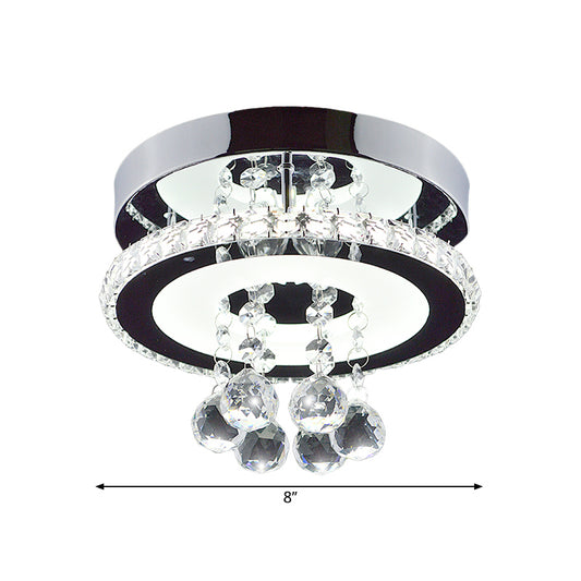 Simplicity Circle Semi Flush Faceted Crystal 8"/12" W LED Corridor Ceiling Fixture in Chrome, Warm/White Light Clearhalo 'Ceiling Lights' 'Close To Ceiling Lights' 'Close to ceiling' 'Semi-flushmount' Lighting' 1723751