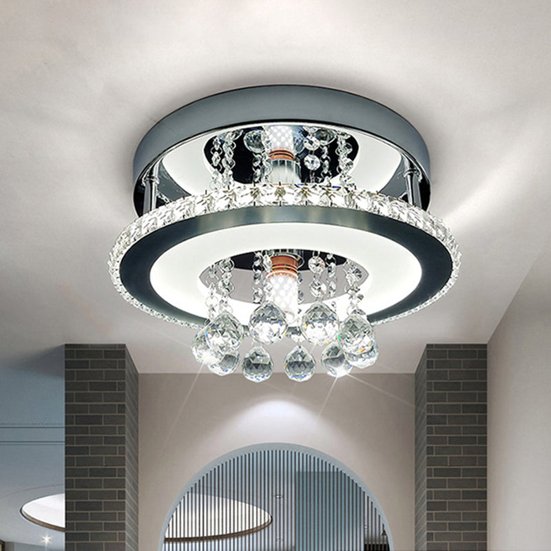 Simplicity Circle Semi Flush Faceted Crystal 8"/12" W LED Corridor Ceiling Fixture in Chrome, Warm/White Light Chrome 12" Clearhalo 'Ceiling Lights' 'Close To Ceiling Lights' 'Close to ceiling' 'Semi-flushmount' Lighting' 1723752