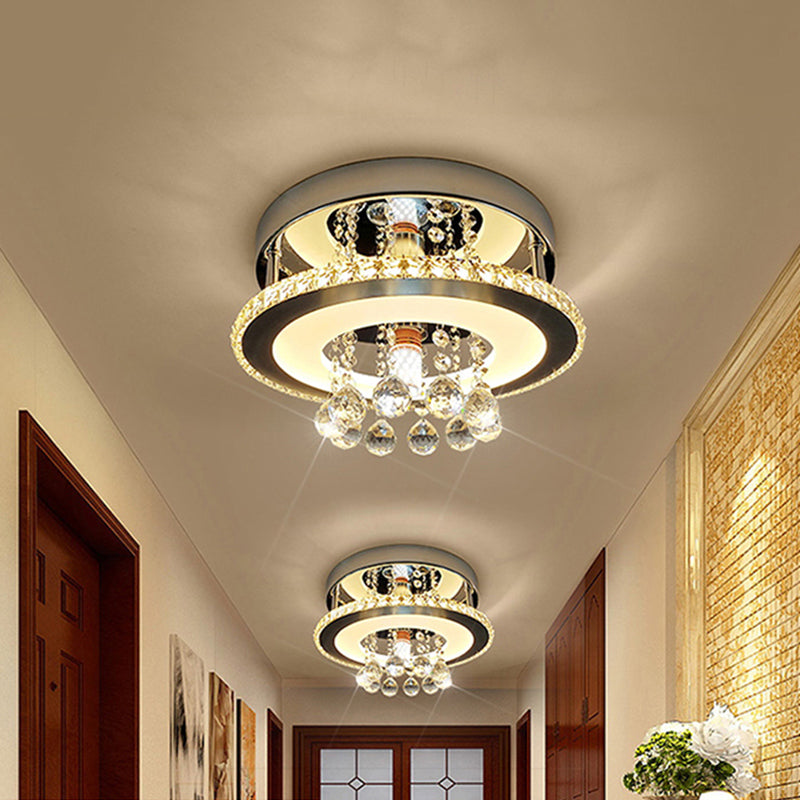 Simplicity Circle Semi Flush Faceted Crystal 8"/12" W LED Corridor Ceiling Fixture in Chrome, Warm/White Light Clearhalo 'Ceiling Lights' 'Close To Ceiling Lights' 'Close to ceiling' 'Semi-flushmount' Lighting' 1723753