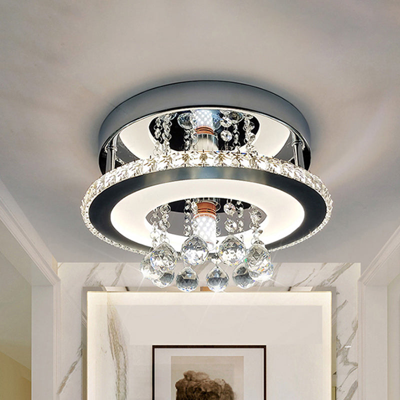 Simplicity Circle Semi Flush Faceted Crystal 8"/12" W LED Corridor Ceiling Fixture in Chrome, Warm/White Light Clearhalo 'Ceiling Lights' 'Close To Ceiling Lights' 'Close to ceiling' 'Semi-flushmount' Lighting' 1723754