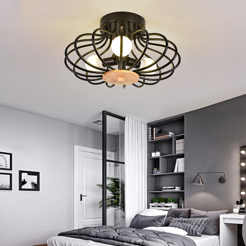 Contemporary Flush Mount Light Melon Cage Metal Ceiling Light for Restaurant Stairway 3 Black Clearhalo 'Ceiling Lights' 'Close To Ceiling Lights' 'Close to ceiling' 'Semi-flushmount' Lighting' 172378