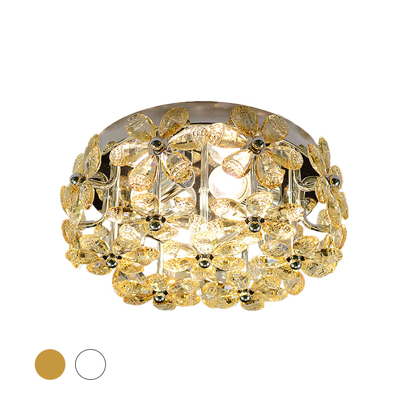 Chrome Blossom Flush Mount Lighting Modernist 4 Bulbs Clear/Amber Crystal Close to Ceiling Light with Round Design Clearhalo 'Ceiling Lights' 'Close To Ceiling Lights' 'Close to ceiling' 'Flush mount' Lighting' 1723805