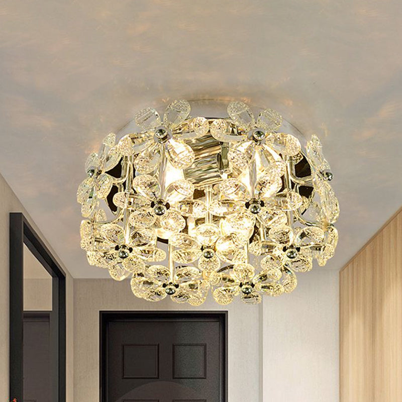 Chrome Blossom Flush Mount Lighting Modernist 4 Bulbs Clear/Amber Crystal Close to Ceiling Light with Round Design Clearhalo 'Ceiling Lights' 'Close To Ceiling Lights' 'Close to ceiling' 'Flush mount' Lighting' 1723808