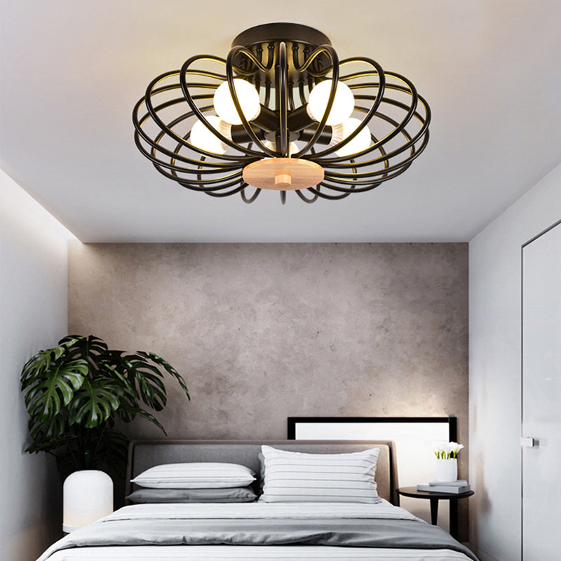 Contemporary Flush Mount Light Melon Cage Metal Ceiling Light for Restaurant Stairway 5 Black Clearhalo 'Ceiling Lights' 'Close To Ceiling Lights' 'Close to ceiling' 'Semi-flushmount' Lighting' 172381