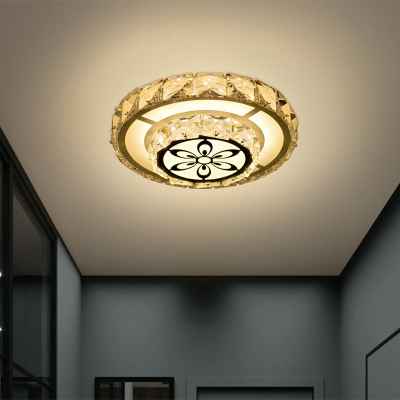 Modernist Round/Square Flush Light Beveled Crystal LED Corridor Ceiling Fixture in White with Flower Pattern, Warm/White Light White Round Clearhalo 'Ceiling Lights' 'Close To Ceiling Lights' 'Close to ceiling' 'Flush mount' Lighting' 1723814