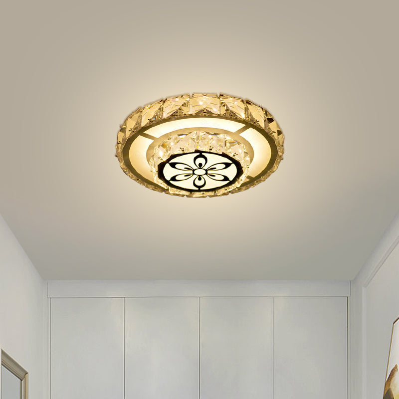 Modernist Round/Square Flush Light Beveled Crystal LED Corridor Ceiling Fixture in White with Flower Pattern, Warm/White Light Clearhalo 'Ceiling Lights' 'Close To Ceiling Lights' 'Close to ceiling' 'Flush mount' Lighting' 1723815