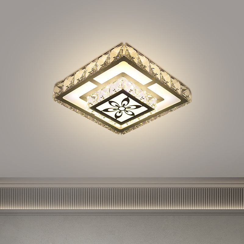 Modernist Round/Square Flush Light Beveled Crystal LED Corridor Ceiling Fixture in White with Flower Pattern, Warm/White Light Clearhalo 'Ceiling Lights' 'Close To Ceiling Lights' 'Close to ceiling' 'Flush mount' Lighting' 1723820