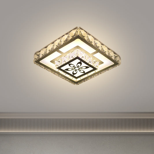 Modernist Round/Square Flush Light Beveled Crystal LED Corridor Ceiling Fixture in White with Flower Pattern, Warm/White Light Clearhalo 'Ceiling Lights' 'Close To Ceiling Lights' 'Close to ceiling' 'Flush mount' Lighting' 1723820