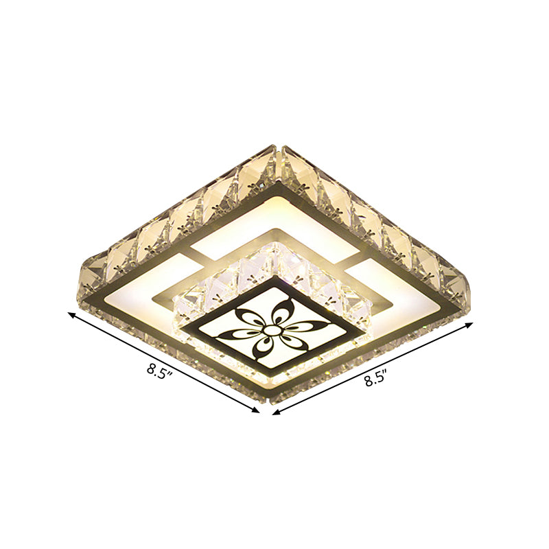 Modernist Round/Square Flush Light Beveled Crystal LED Corridor Ceiling Fixture in White with Flower Pattern, Warm/White Light Clearhalo 'Ceiling Lights' 'Close To Ceiling Lights' 'Close to ceiling' 'Flush mount' Lighting' 1723822