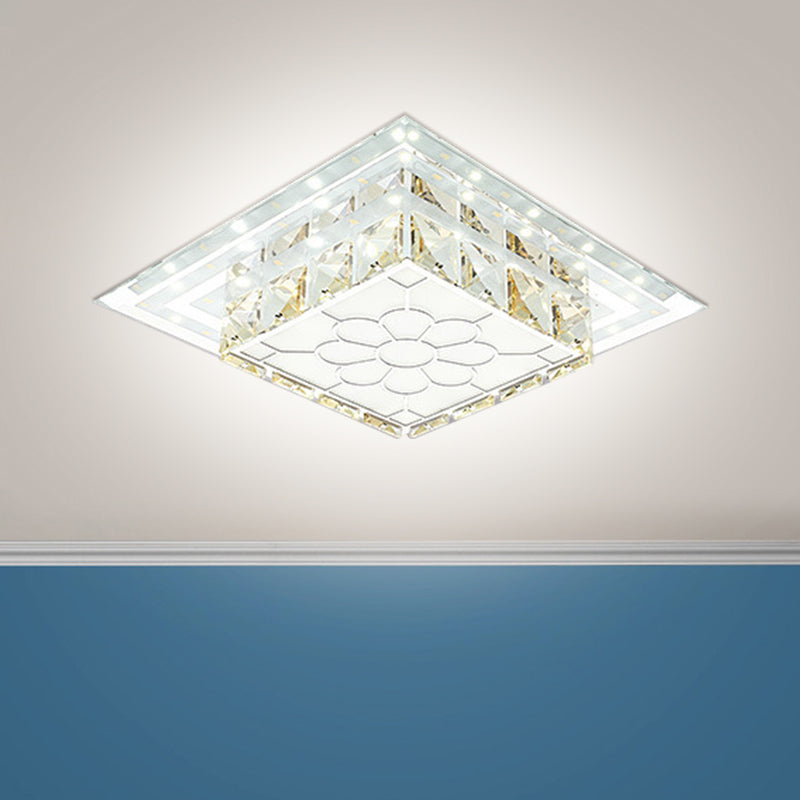 Minimal Round/Square Flush Mount Lighting Crystal LED Hallway Close to Ceiling Lamp in Warm/White Light with Floral Pattern Chrome Square Plate Clearhalo 'Ceiling Lights' 'Close To Ceiling Lights' 'Close to ceiling' 'Flush mount' Lighting' 1723823