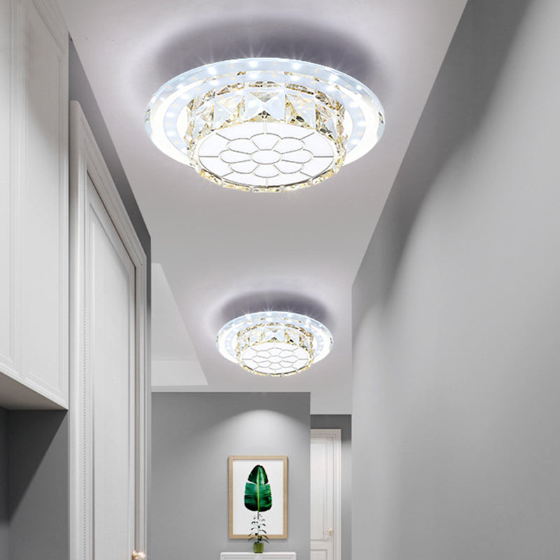 Minimal Round/Square Flush Mount Lighting Crystal LED Hallway Close to Ceiling Lamp in Warm/White Light with Floral Pattern Chrome Round Clearhalo 'Ceiling Lights' 'Close To Ceiling Lights' 'Close to ceiling' 'Flush mount' Lighting' 1723827