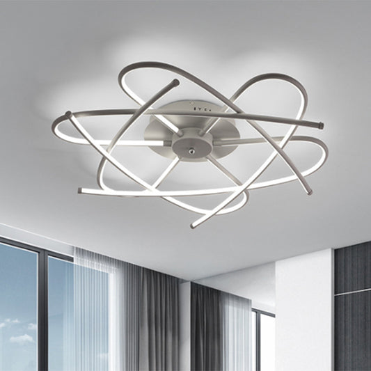 Curved Linear Metal Semi Flush Modernist LED White Ceiling Mounted Fixture in Warm/White Light White Clearhalo 'Ceiling Lights' 'Close To Ceiling Lights' 'Close to ceiling' 'Flush mount' Lighting' 1723979