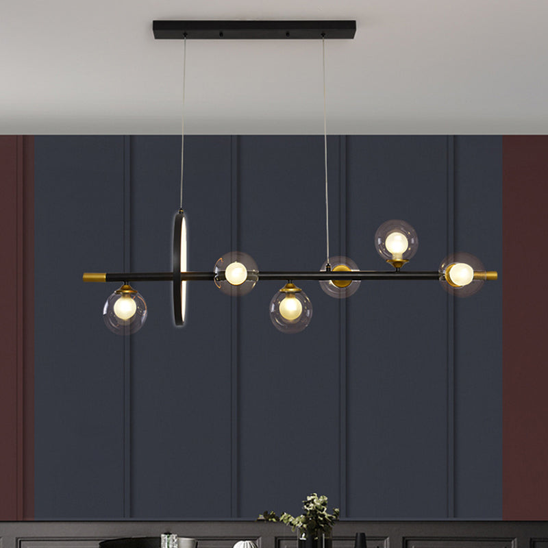 Simple Molecular Island Chandelier Clear Glass 4/6-Light Dining Room Pendant Light Fixture in Black with Metal Ring Deco Clearhalo 'Ceiling Lights' 'Island Lights' Lighting' 1724049