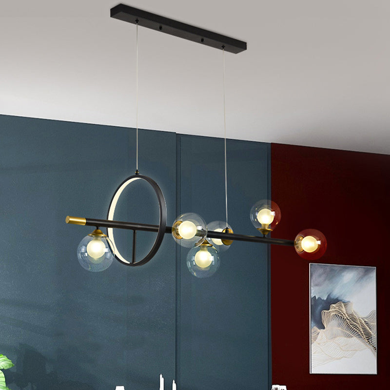 Simple Molecular Island Chandelier Clear Glass 4/6-Light Dining Room Pendant Light Fixture in Black with Metal Ring Deco Clearhalo 'Ceiling Lights' 'Island Lights' Lighting' 1724050