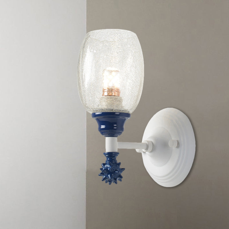 1/2-Bulb Bedside Wall Mounted Lamp Rural Blue/Gold/Dark Blue Wall Lighting with Oval Clear Crackle Glass Shade 1.0 Dark Blue Clearhalo 'Wall Lamps & Sconces' 'Wall Lights' Lighting' 1724110