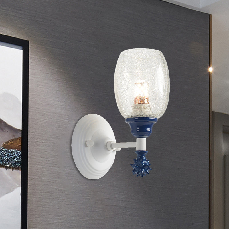 1/2-Bulb Bedside Wall Mounted Lamp Rural Blue/Gold/Dark Blue Wall Lighting with Oval Clear Crackle Glass Shade Clearhalo 'Wall Lamps & Sconces' 'Wall Lights' Lighting' 1724111