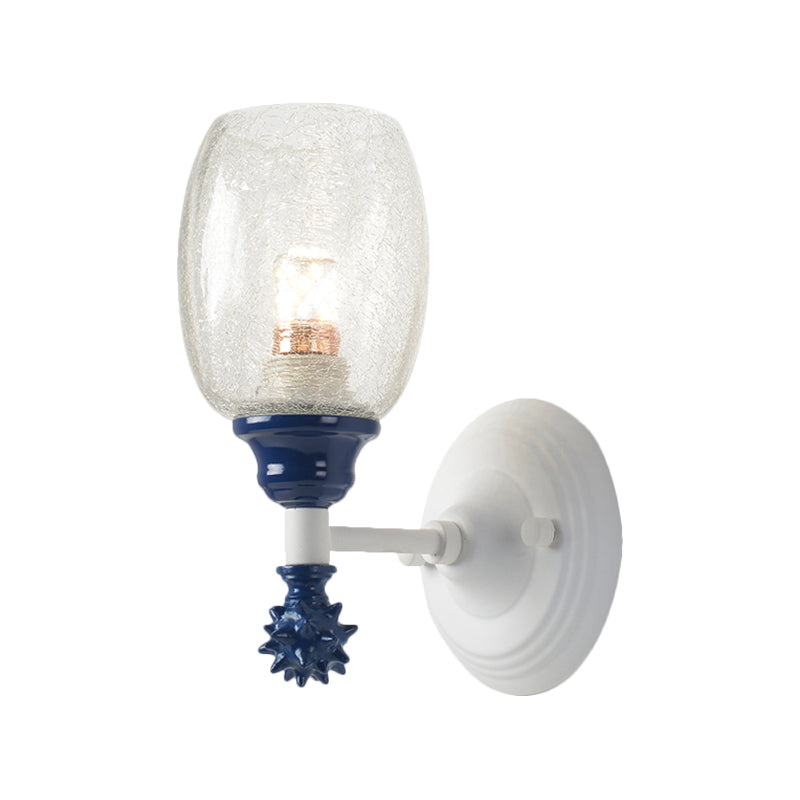 1/2-Bulb Bedside Wall Mounted Lamp Rural Blue/Gold/Dark Blue Wall Lighting with Oval Clear Crackle Glass Shade Clearhalo 'Wall Lamps & Sconces' 'Wall Lights' Lighting' 1724112