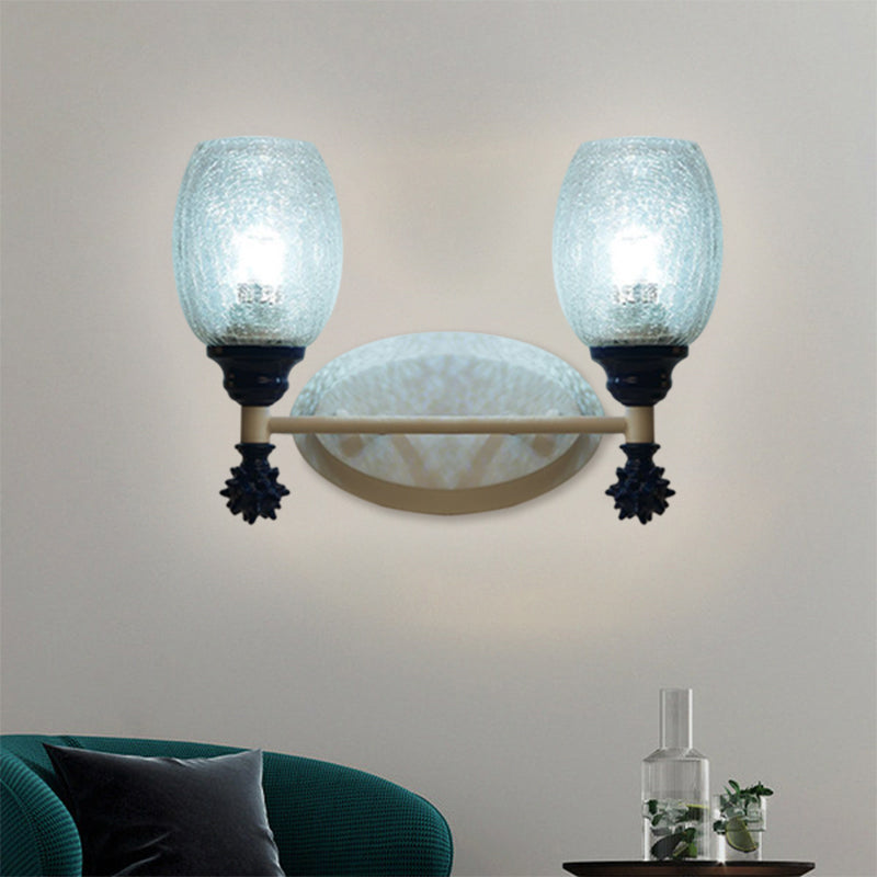 1/2-Bulb Bedside Wall Mounted Lamp Rural Blue/Gold/Dark Blue Wall Lighting with Oval Clear Crackle Glass Shade 2.0 Dark Blue Clearhalo 'Wall Lamps & Sconces' 'Wall Lights' Lighting' 1724114