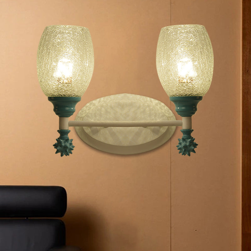 1/2-Bulb Bedside Wall Mounted Lamp Rural Blue/Gold/Dark Blue Wall Lighting with Oval Clear Crackle Glass Shade 2.0 Blue Clearhalo 'Wall Lamps & Sconces' 'Wall Lights' Lighting' 1724124