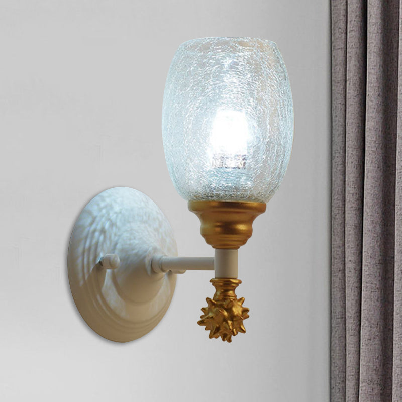 1/2-Bulb Bedside Wall Mounted Lamp Rural Blue/Gold/Dark Blue Wall Lighting with Oval Clear Crackle Glass Shade 1.0 Gold Clearhalo 'Wall Lamps & Sconces' 'Wall Lights' Lighting' 1724129