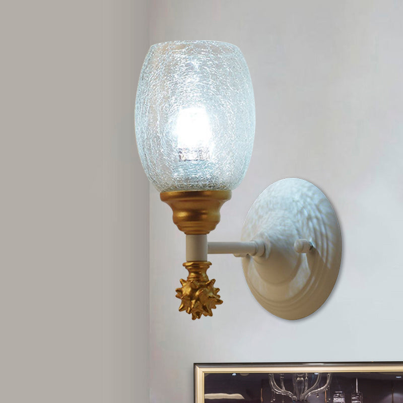 1/2-Bulb Bedside Wall Mounted Lamp Rural Blue/Gold/Dark Blue Wall Lighting with Oval Clear Crackle Glass Shade Clearhalo 'Wall Lamps & Sconces' 'Wall Lights' Lighting' 1724131