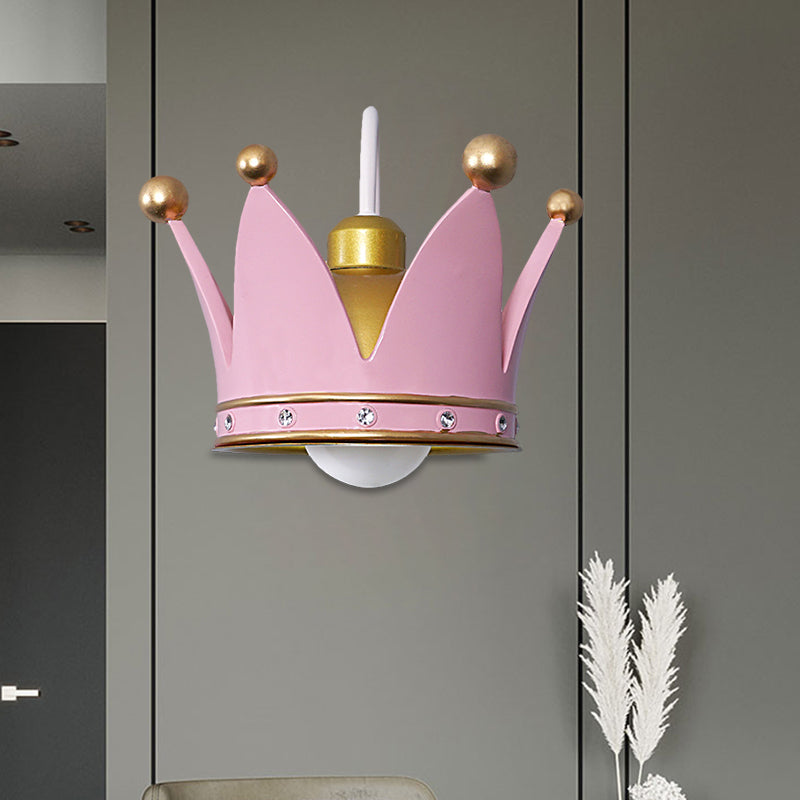 Crown Children Bedroom Wall Sconce Metal 1-Bulb Kids Style Wall Mounted Light in Gold/Pink Pink Clearhalo 'Wall Lamps & Sconces' 'Wall Lights' Lighting' 1724139