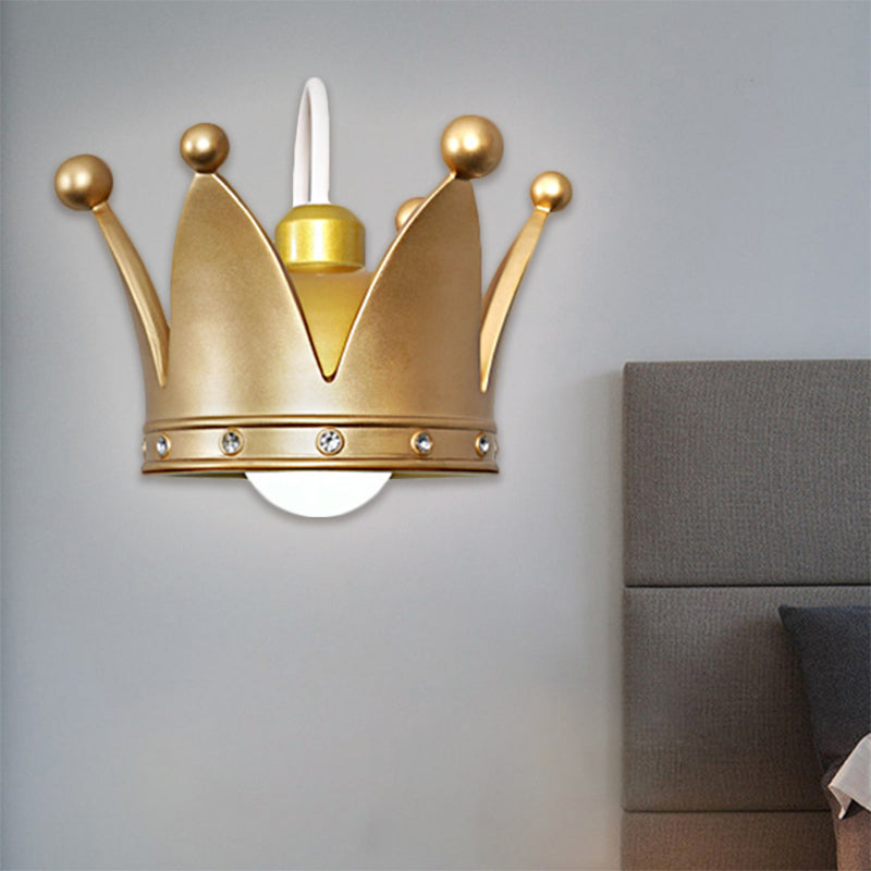 Crown Children Bedroom Wall Sconce Metal 1-Bulb Kids Style Wall Mounted Light in Gold/Pink Clearhalo 'Wall Lamps & Sconces' 'Wall Lights' Lighting' 1724144