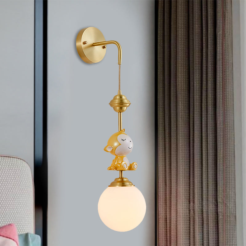 Globe Wall Lighting Fixture Cartoon Opaque Glass 1 Head Gold Wall Mounted Lamp with Sheep/Monkey/Rabbit Deco Gold Monkey Clearhalo 'Wall Lamps & Sconces' 'Wall Lights' Lighting' 1724148