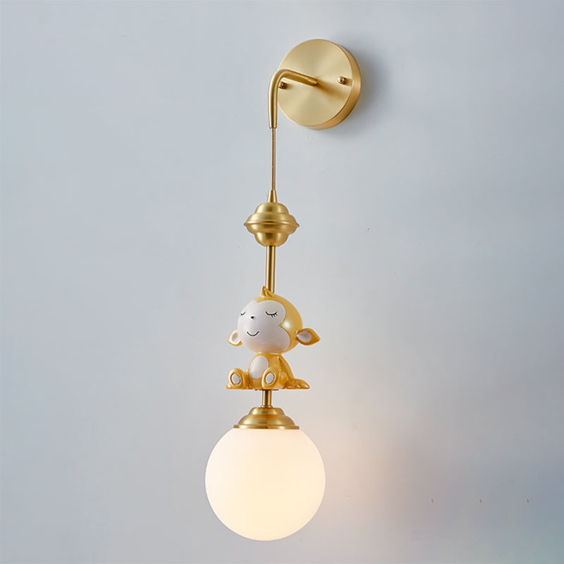 Globe Wall Lighting Fixture Cartoon Opaque Glass 1 Head Gold Wall Mounted Lamp with Sheep/Monkey/Rabbit Deco Clearhalo 'Wall Lamps & Sconces' 'Wall Lights' Lighting' 1724150